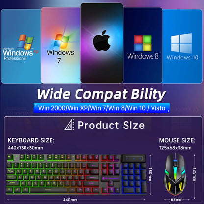 Gaming Keyboard & Mouse, 104 Keys LED RGB Backlit Quiet Computer Keyboard, Multimedia Keys, 26 Anti-Ghosting Keys, Waterproof Light up USB Wired Keyboard for PC Gamers Desktop Computer Laptop,White