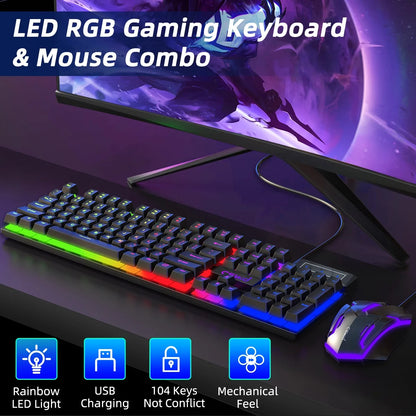 Gaming Keyboard & Mouse, 104 Keys LED RGB Backlit Quiet Computer Keyboard, Multimedia Keys, 26 Anti-Ghosting Keys, Waterproof Light up USB Wired Keyboard for PC Gamers Desktop Computer Laptop,White