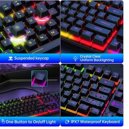 Gaming Keyboard & Mouse, 104 Keys LED RGB Backlit Quiet Computer Keyboard, Multimedia Keys, 26 Anti-Ghosting Keys, Waterproof Light up USB Wired Keyboard for PC Gamers Desktop Computer Laptop,White
