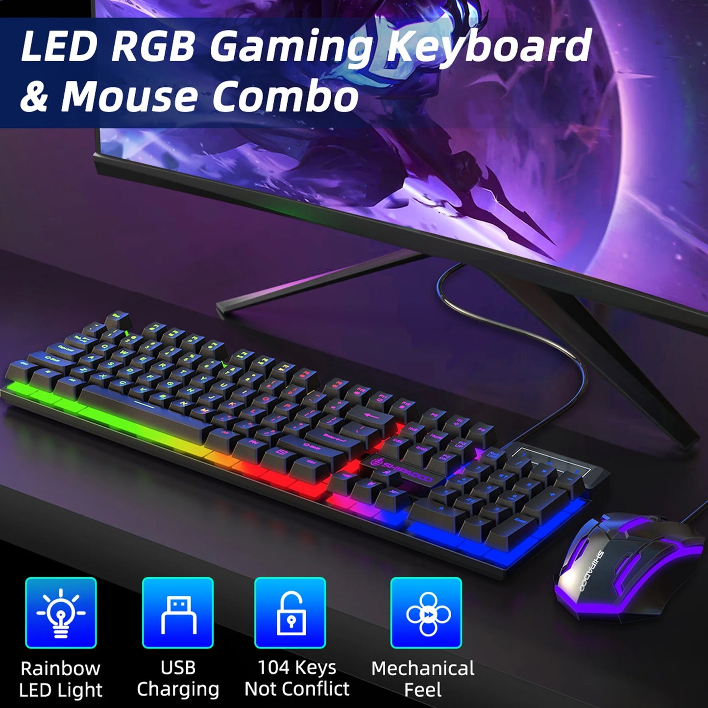 Gaming Keyboard & Mouse, 104 Keys LED RGB Backlit Quiet Computer Keyboard, Multimedia Keys, 26 Anti-Ghosting Keys, Waterproof Light up USB Wired Keyboard for PC Gamers Desktop Computer Laptop,White