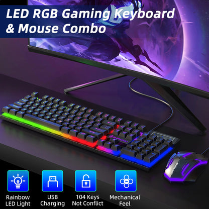 Gaming Keyboard & Mouse, 104 Keys LED RGB Backlit Quiet Computer Keyboard, Multimedia Keys, 26 Anti-Ghosting Keys, Waterproof Light up USB Wired Keyboard for PC Gamers Desktop Computer Laptop,White